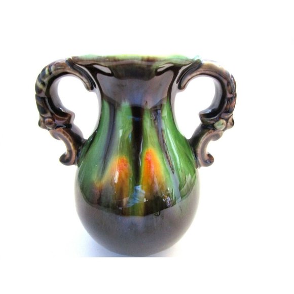 Studio Art Pottery Drip Glaze Vase Brown Green Yellow two handles signed 1110 12 - Picture 3 of 8